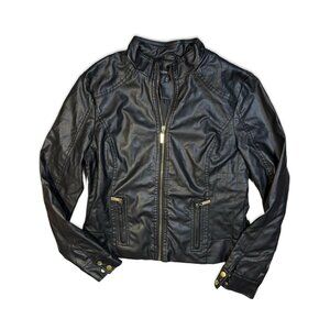 New Look Black Faux Leather Moto Jacket with Gold Details - Size Large